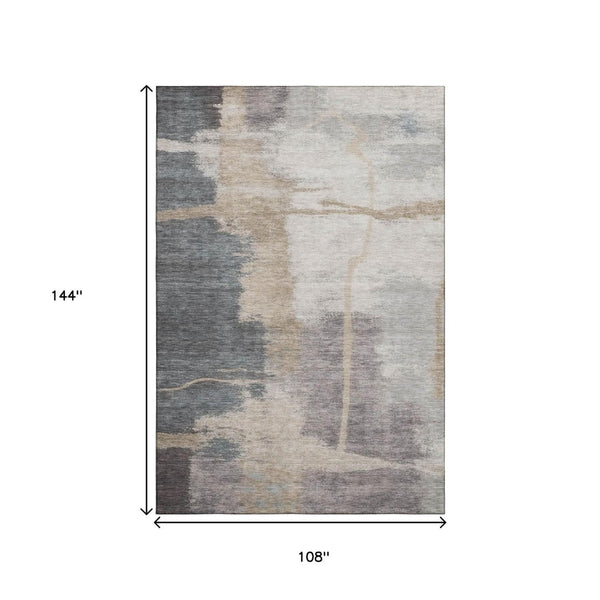 HomeRoots 9' X 12' Abstract Gray Beige Ivory Washable Area Rug - Durable, Stain-Resistant, UV Protected Design 666871