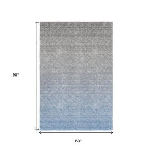 HomeRoots 5' X 8' Blue-Gray Ombre Area Rug - Washable, UV-Protected, Soft Design for Modern Homes & Pets 666892