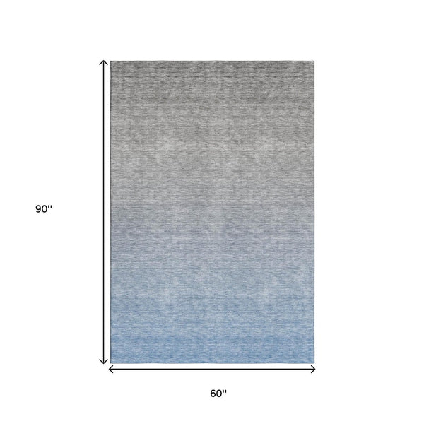 HomeRoots 5' X 8' Blue-Gray Ombre Area Rug - Washable, UV-Protected, Soft Design for Modern Homes & Pets 666892