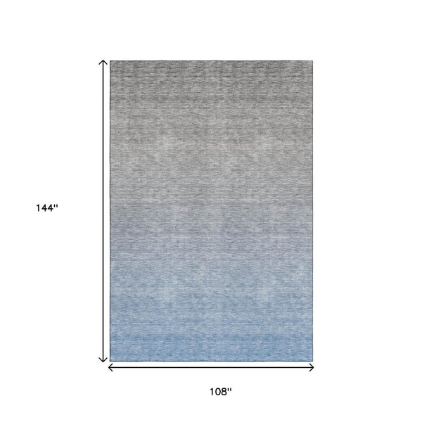 HomeRoots 9' X 12' Stylish Blue and Gray Ombre Area Rug – Washable, UV Protected, Stain Resistant for Homes 666895