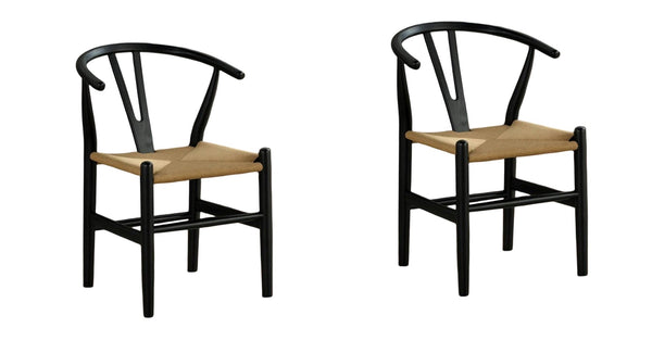 English Elm Black Mid-Century Modern 2pc Side Chairs with Curved Back & Woven Rope Seat Solid Rubberwood Finish B011P312733