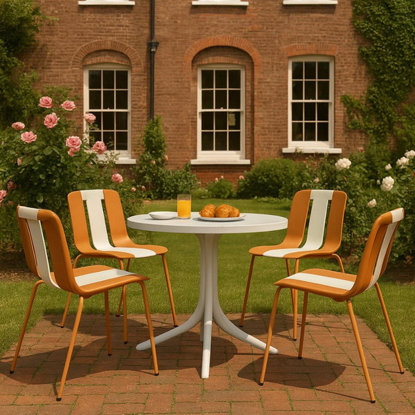 English Elm Summer 5 Piece Round Polypropylene Dining Set Uv Resistant Striped Indoor Outdoor Patio Beige,Tropical Orange,White W3450S00040