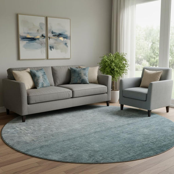 HomeRoots 8' Teal Ombre Round Rug - Stylish, Washable & UV-Protected for High-Traffic Spaces & Families 666923