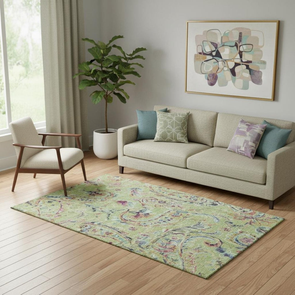 HomeRoots 5' X 8' Artichoke Green, Blue & Pink Paisley Area Rug - Durable, Washable & UV Protected for Homes 666934