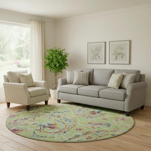 HomeRoots 8' Washable Round Rug in Artichoke Green, Blue & Pink Paisley - UV Protected, Stain Resistant, Durable! 666935