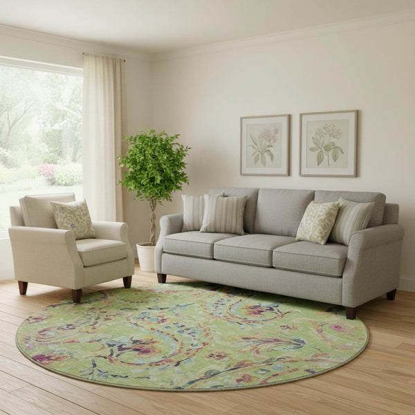 HomeRoots 8' Washable Round Rug in Artichoke Green, Blue & Pink Paisley - UV Protected, Stain Resistant, Durable! 666935