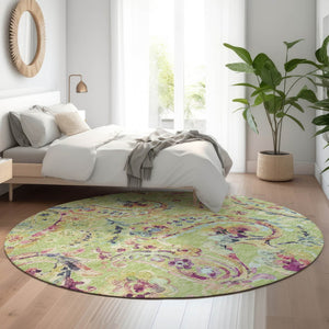 HomeRoots 8' Washable Round Rug in Artichoke Green, Blue & Pink Paisley - UV Protected, Stain Resistant, Durable! 666935