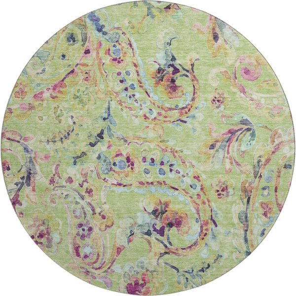 HomeRoots 8' Washable Round Rug in Artichoke Green, Blue & Pink Paisley - UV Protected, Stain Resistant, Durable! 666935