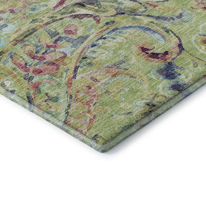 HomeRoots 8' Washable Round Rug in Artichoke Green, Blue & Pink Paisley - UV Protected, Stain Resistant, Durable! 666935