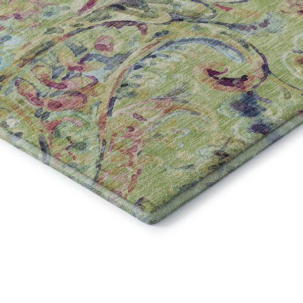 HomeRoots 8' Washable Round Rug in Artichoke Green, Blue & Pink Paisley - UV Protected, Stain Resistant, Durable! 666935