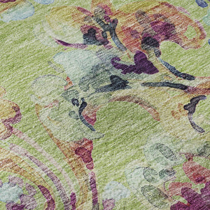 HomeRoots 8' Washable Round Rug in Artichoke Green, Blue & Pink Paisley - UV Protected, Stain Resistant, Durable! 666935