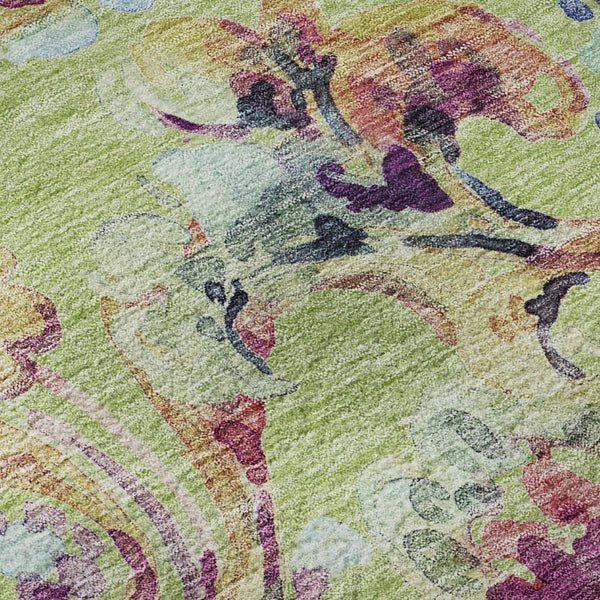 HomeRoots 8' Washable Round Rug in Artichoke Green, Blue & Pink Paisley - UV Protected, Stain Resistant, Durable! 666935