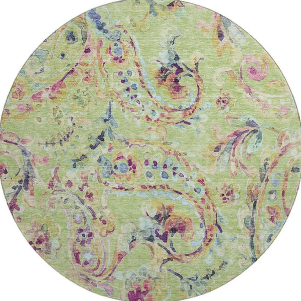 HomeRoots 8' Washable Round Rug in Artichoke Green, Blue & Pink Paisley - UV Protected, Stain Resistant, Durable! 666935