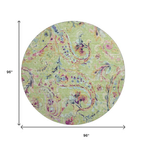 HomeRoots 8' Washable Round Rug in Artichoke Green, Blue & Pink Paisley - UV Protected, Stain Resistant, Durable! 666935