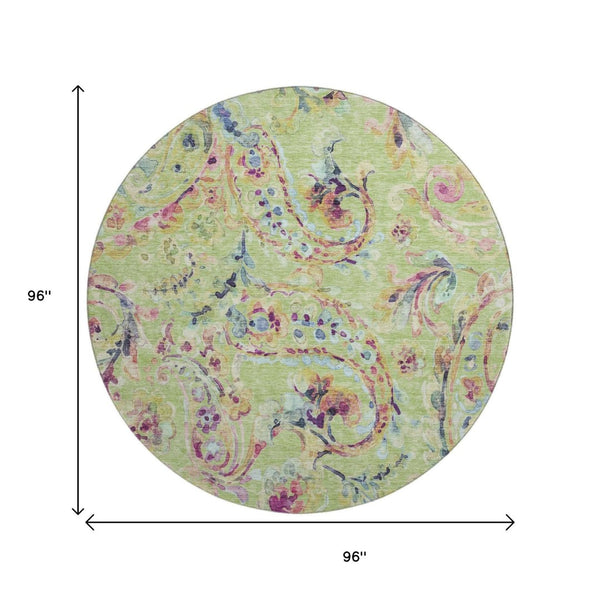 HomeRoots 8' Washable Round Rug in Artichoke Green, Blue & Pink Paisley - UV Protected, Stain Resistant, Durable! 666935
