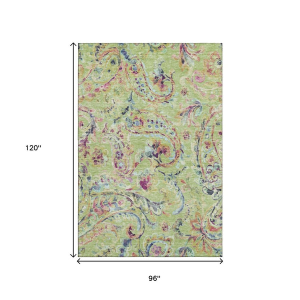 HomeRoots 8' X 10' Washable Paisley Area Rug in Artichoke Green, Blue & Pink - Durable, UV-Protected Beauty 666936
