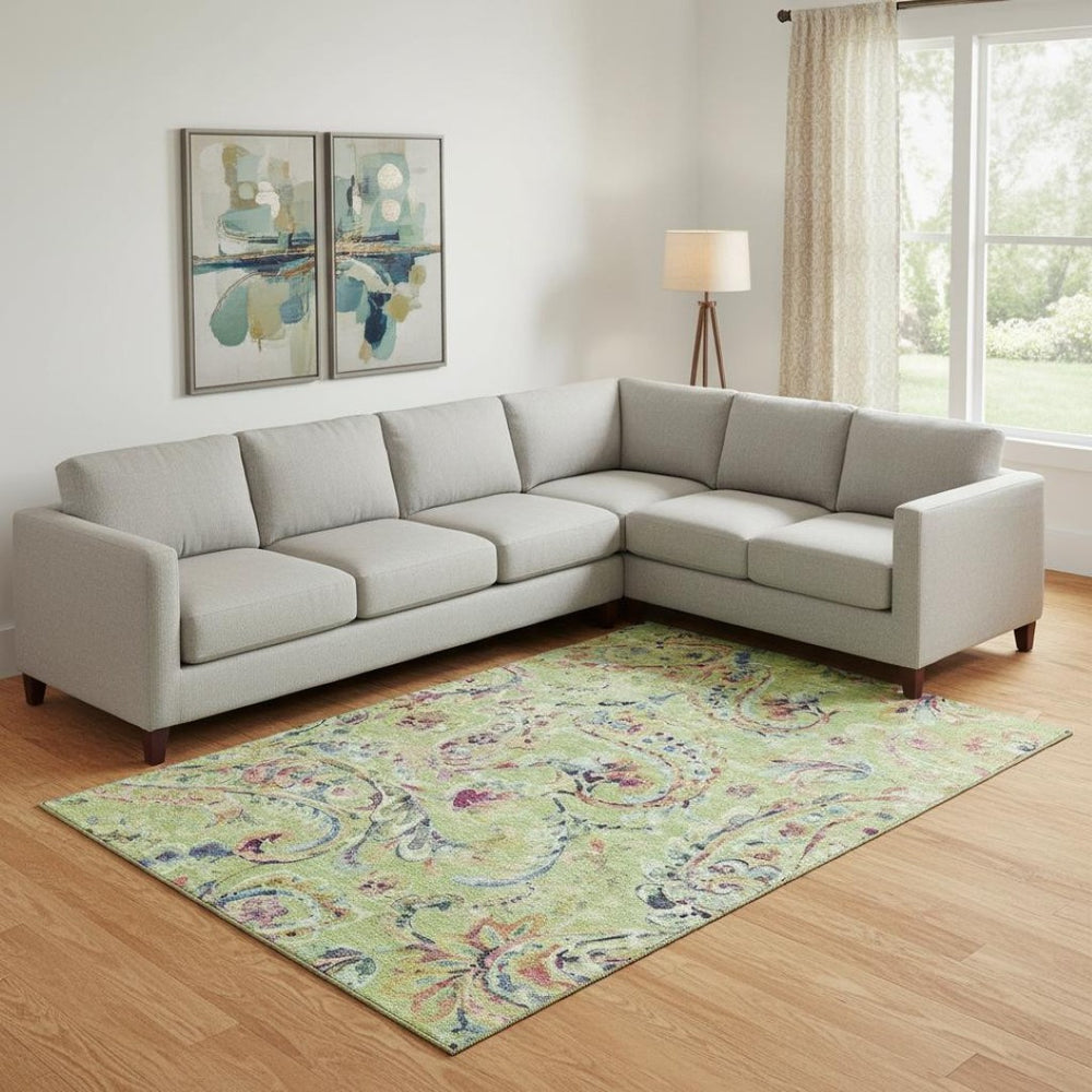 HomeRoots 8' X 10' Washable Paisley Area Rug in Artichoke Green, Blue & Pink - Durable, UV-Protected Beauty 666936