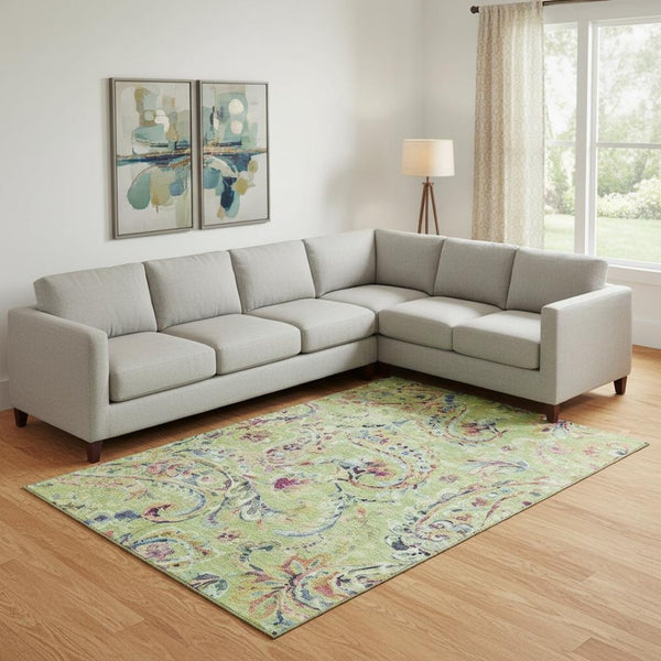 HomeRoots 8' X 10' Washable Paisley Area Rug in Artichoke Green, Blue & Pink - Durable, UV-Protected Beauty 666936