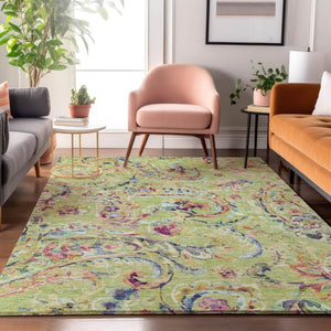 HomeRoots 8' X 10' Washable Paisley Area Rug in Artichoke Green, Blue & Pink - Durable, UV-Protected Beauty 666936