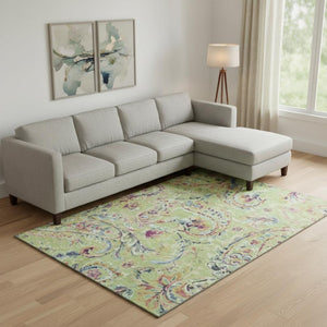 HomeRoots 9' X 12' Artichoke Green, Blue & Pink Paisley Washable Area Rug with UV Protection for Every Space 666937