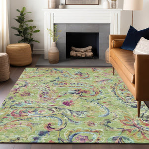 HomeRoots 10' x 14' Washable Paisley Area Rug in Artichoke Green, Blue & Pink - UV Resistant, Stain-Proof Elegance 666938