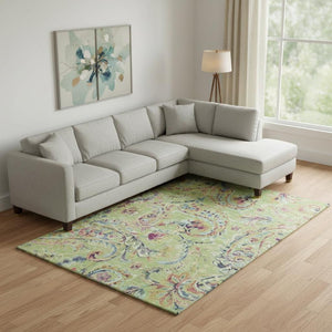 HomeRoots 10' x 14' Washable Paisley Area Rug in Artichoke Green, Blue & Pink - UV Resistant, Stain-Proof Elegance 666938