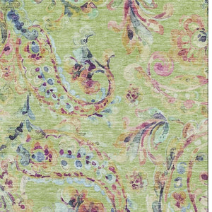 HomeRoots 10' x 14' Washable Paisley Area Rug in Artichoke Green, Blue & Pink - UV Resistant, Stain-Proof Elegance 666938