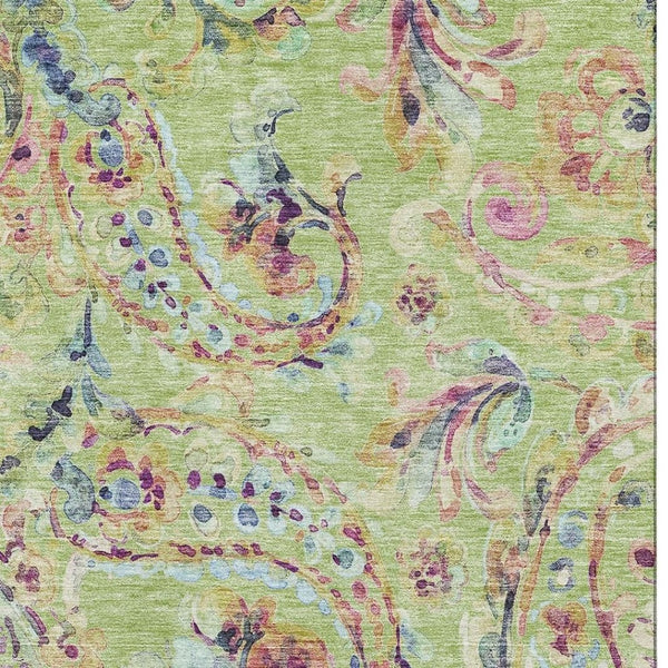 HomeRoots 10' x 14' Washable Paisley Area Rug in Artichoke Green, Blue & Pink - UV Resistant, Stain-Proof Elegance 666938