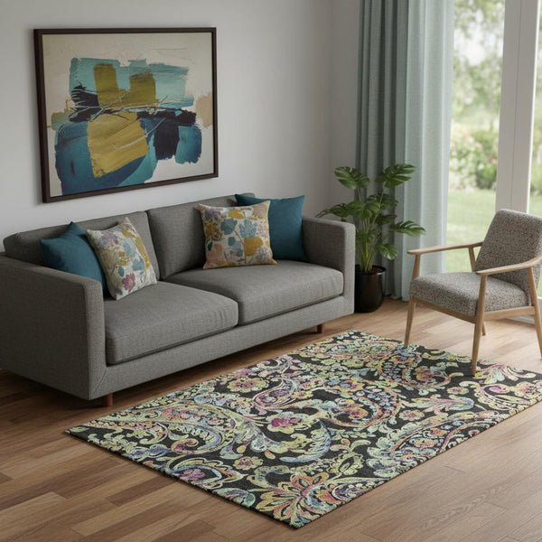 HomeRoots 5' X 8' Paisley Area Rug in Black, Blue & Pink - Washable, UV-Protected for Stylish, Busy Homes! 666940