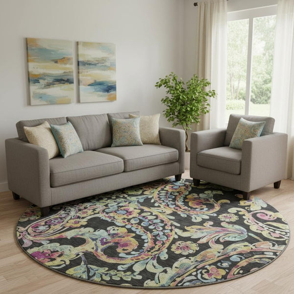 HomeRoots 8' Vibrant Paisley Round Rug in Black, Blue & Pink - Washable, UV Protected, Durable & Stylish Decor 666941