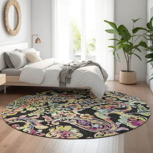 HomeRoots 8' Vibrant Paisley Round Rug in Black, Blue & Pink - Washable, UV Protected, Durable & Stylish Decor 666941