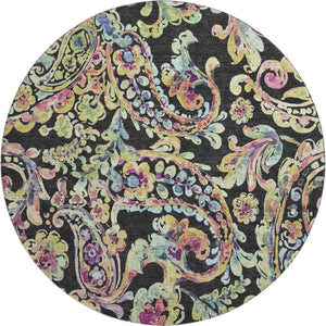 HomeRoots 8' Vibrant Paisley Round Rug in Black, Blue & Pink - Washable, UV Protected, Durable & Stylish Decor 666941