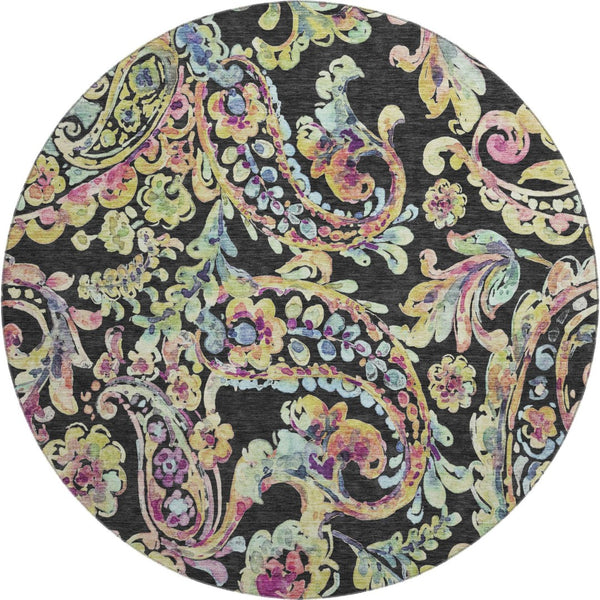 HomeRoots 8' Vibrant Paisley Round Rug in Black, Blue & Pink - Washable, UV Protected, Durable & Stylish Decor 666941