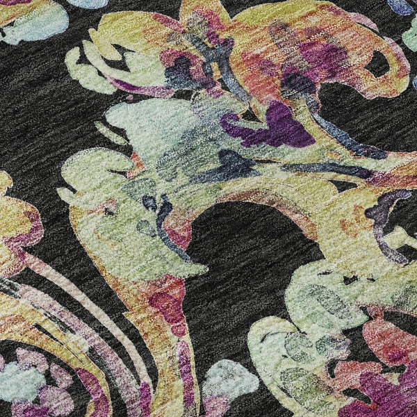 HomeRoots 8' Vibrant Paisley Round Rug in Black, Blue & Pink - Washable, UV Protected, Durable & Stylish Decor 666941