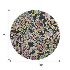 HomeRoots 8' Vibrant Paisley Round Rug in Black, Blue & Pink - Washable, UV Protected, Durable & Stylish Decor 666941