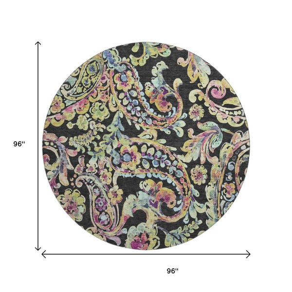 HomeRoots 8' Vibrant Paisley Round Rug in Black, Blue & Pink - Washable, UV Protected, Durable & Stylish Decor 666941