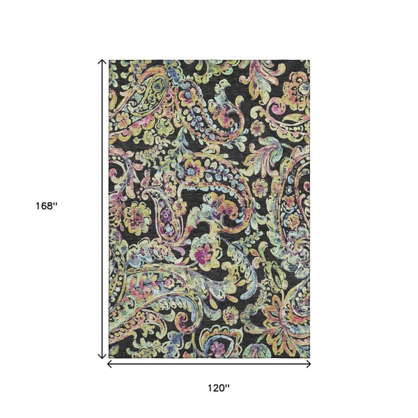 HomeRoots 10' X 14' Washable Paisley Area Rug in Black, Blue & Pink - UV Protected, Durable for Busy Homes 666944
