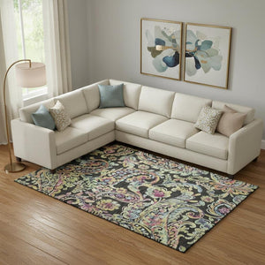HomeRoots 10' X 14' Washable Paisley Area Rug in Black, Blue & Pink - UV Protected, Durable for Busy Homes 666944