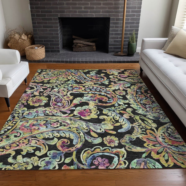 HomeRoots 10' X 14' Washable Paisley Area Rug in Black, Blue & Pink - UV Protected, Durable for Busy Homes 666944