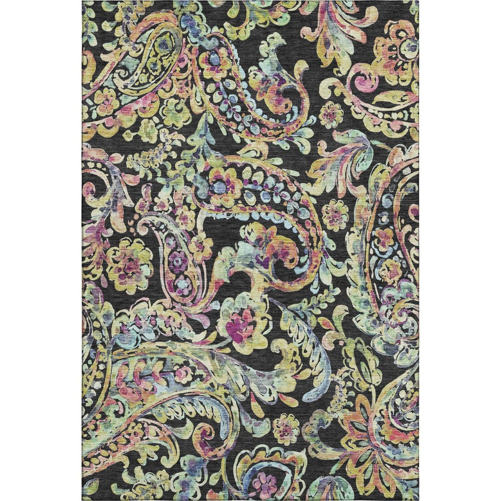 HomeRoots 10' X 14' Washable Paisley Area Rug in Black, Blue & Pink - UV Protected, Durable for Busy Homes 666944