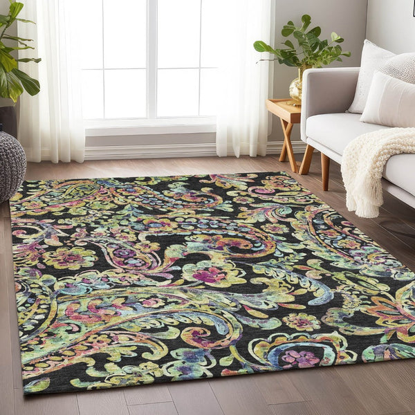 HomeRoots 10' X 14' Washable Paisley Area Rug in Black, Blue & Pink - UV Protected, Durable for Busy Homes 666944