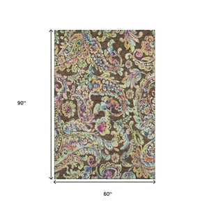 HomeRoots 5' X 8' Paisley Area Rug in Chocolate, Blue & Pink - Washable, UV Protected, Stain-Resistant Design 666946