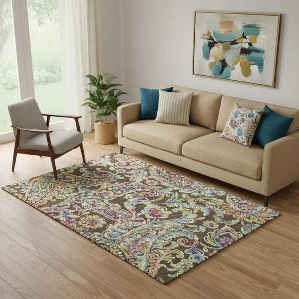 HomeRoots 5' X 8' Paisley Area Rug in Chocolate, Blue & Pink - Washable, UV Protected, Stain-Resistant Design 666946