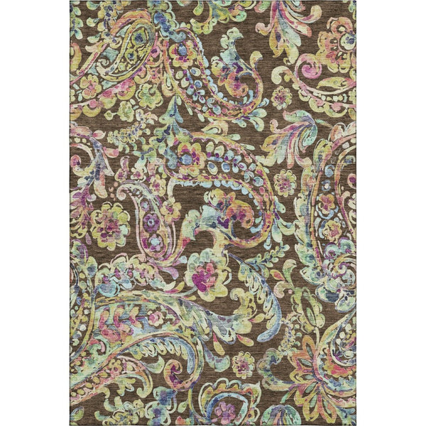 HomeRoots 5' X 8' Paisley Area Rug in Chocolate, Blue & Pink - Washable, UV Protected, Stain-Resistant Design 666946