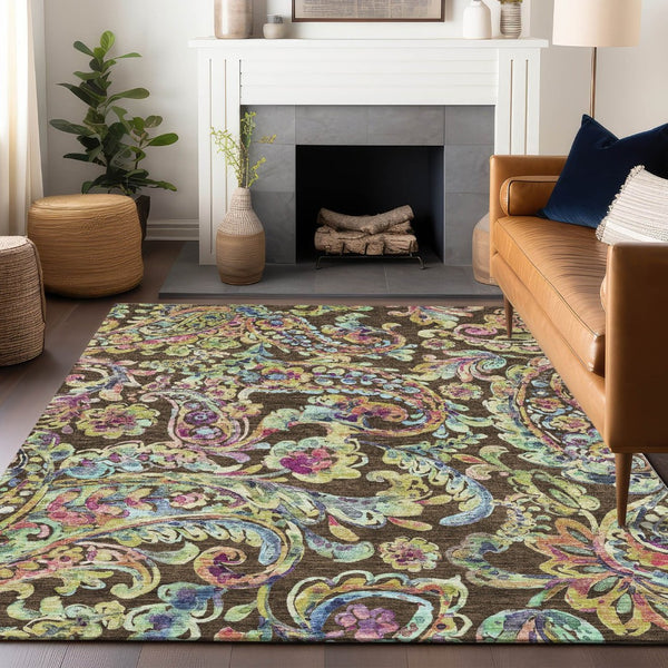 HomeRoots 5' X 8' Paisley Area Rug in Chocolate, Blue & Pink - Washable, UV Protected, Stain-Resistant Design 666946
