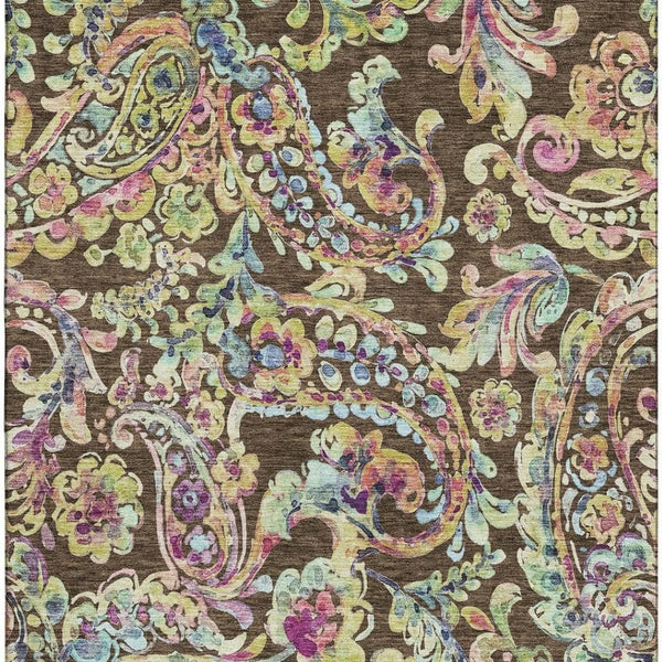 HomeRoots 5' X 8' Paisley Area Rug in Chocolate, Blue & Pink - Washable, UV Protected, Stain-Resistant Design 666946