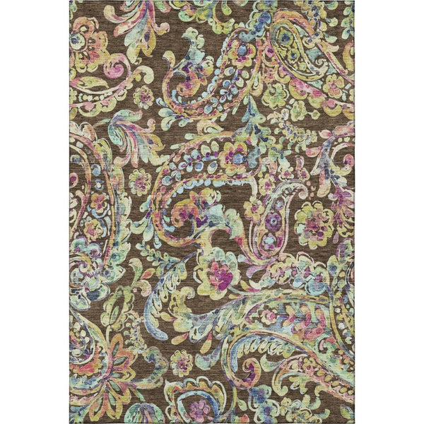 HomeRoots 5' X 8' Paisley Area Rug in Chocolate, Blue & Pink - Washable, UV Protected, Stain-Resistant Design 666946