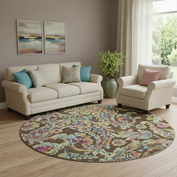 HomeRoots 8' Washable Round Rug with Chocolate, Blue & Pink Paisley Design – UV Protection, Durable & Stylish! 666947