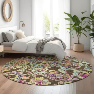 HomeRoots 8' Washable Round Rug with Chocolate, Blue & Pink Paisley Design – UV Protection, Durable & Stylish! 666947