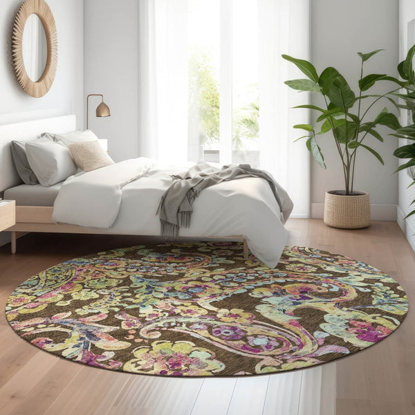 HomeRoots 8' Washable Round Rug with Chocolate, Blue & Pink Paisley Design – UV Protection, Durable & Stylish! 666947